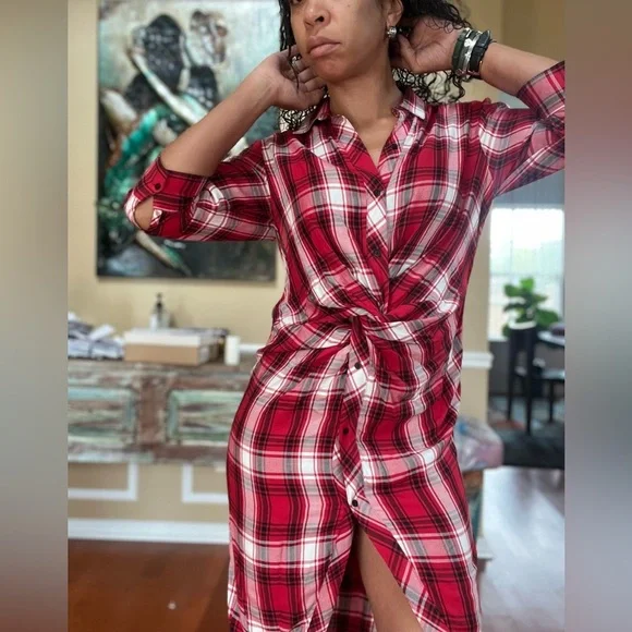 Zara Red White Black The Knot Check Dress - Picture 3 of 14